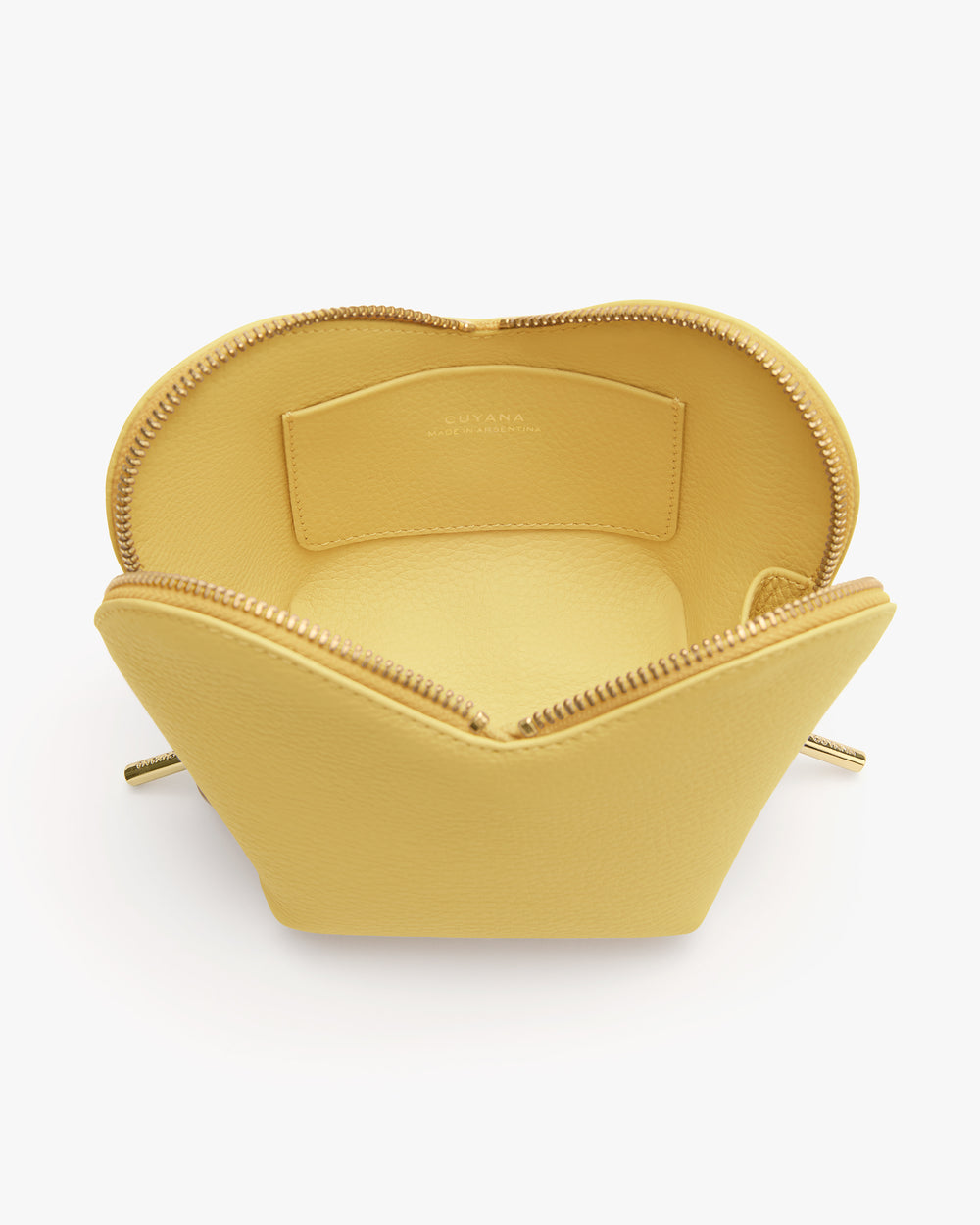 Open handbag with interior pocket and zipper closure.