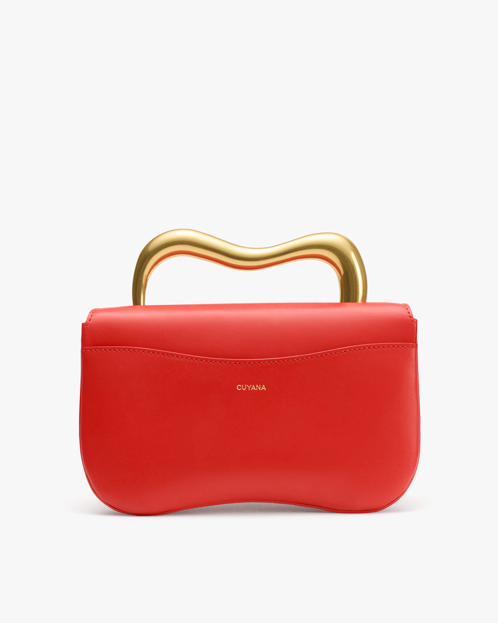 Handbag with curved handle on top.