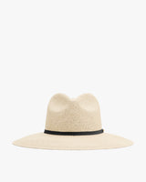 Wide-brimmed hat with a band around the crown