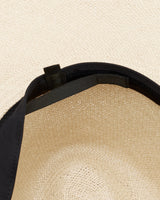 View of inside of a woven hat with a black band.