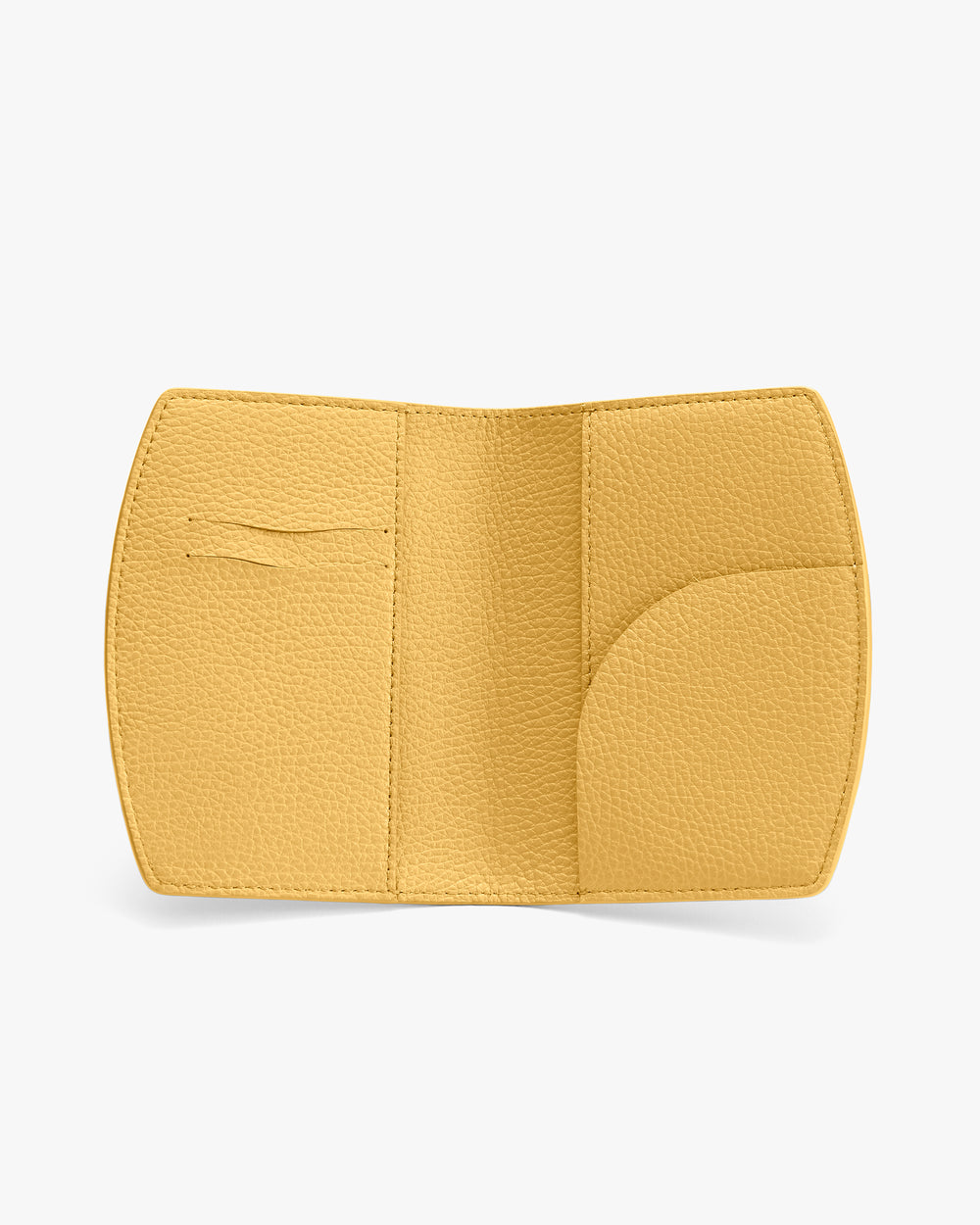 Open wallet with card slots and a curved pocket inside.