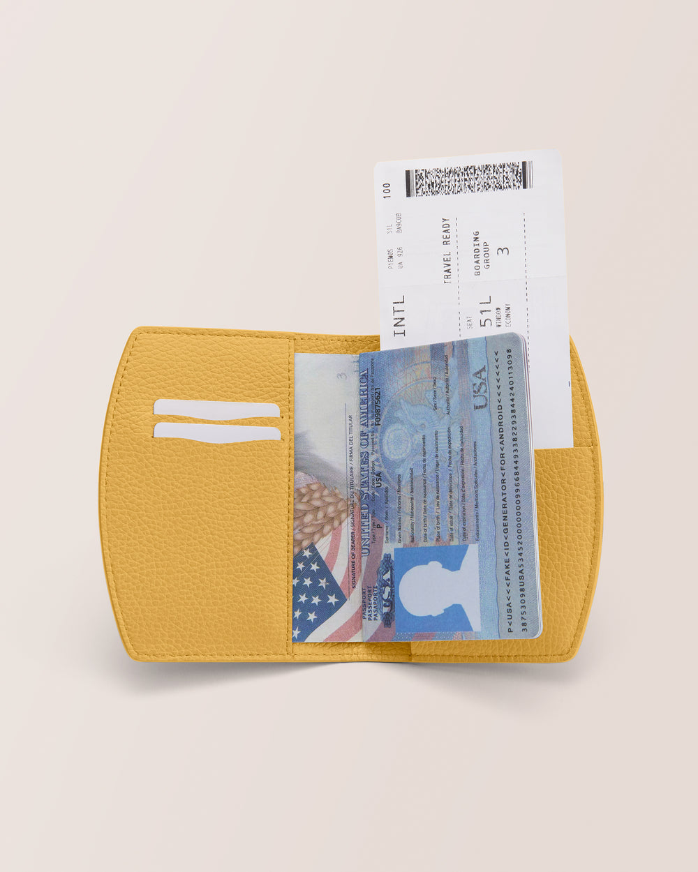 Open passport holder with passport and boarding pass visible.