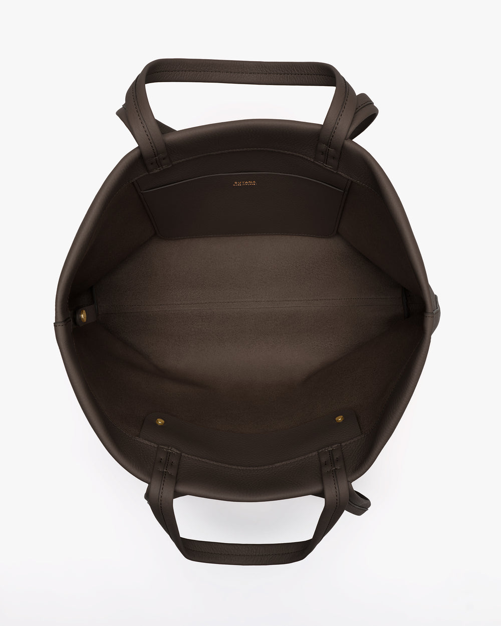Open view of an empty tote with handles and a small interior pocket.