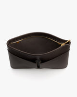 Open leather bag with a zipper at the top.