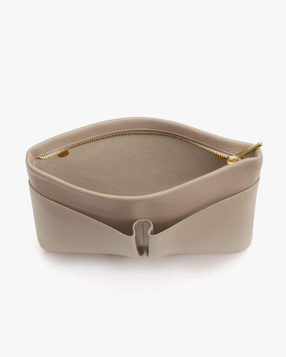 Open pouch with zipper and divided compartments.