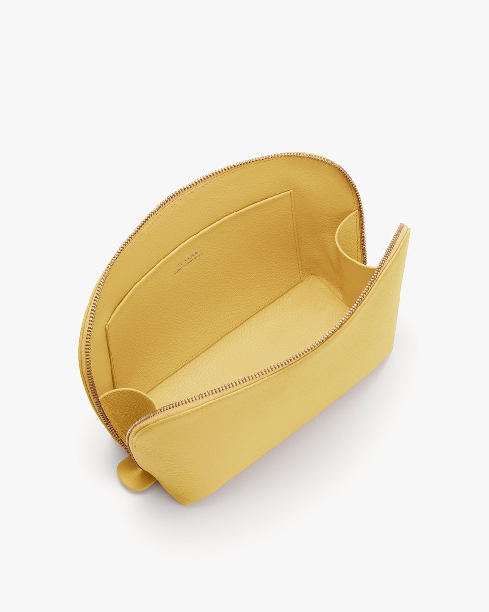Open zippered pouch with interior pocket and wide opening.