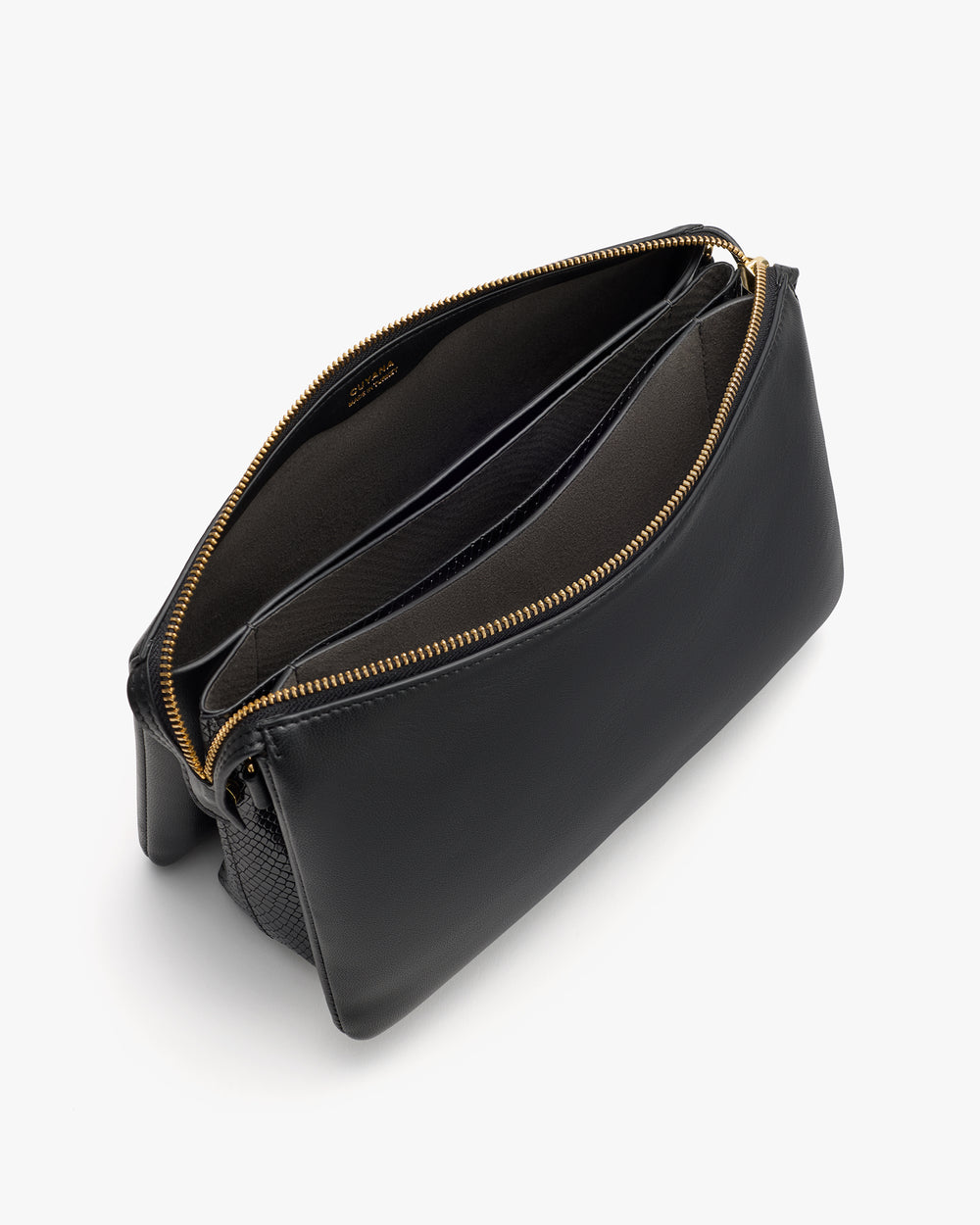 Rectangular bag with open zipper showing compartments inside