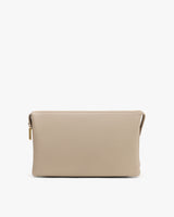 Rectangular textured pouch with a zipper on top.