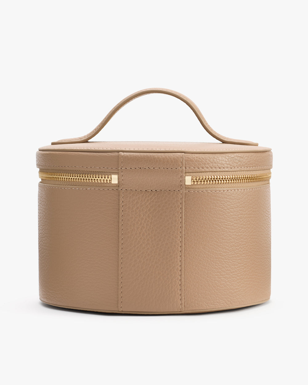Structured cylindrical bag with a handle and zipper closure.