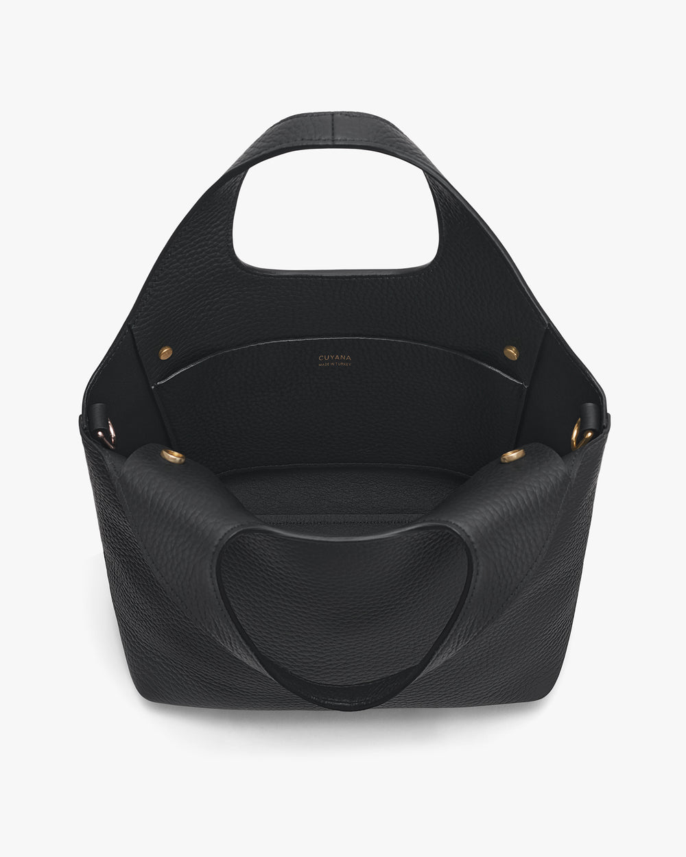Open tote bag with round handles and pocket inside.