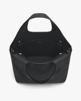 Open tote bag with round handles and pocket inside.