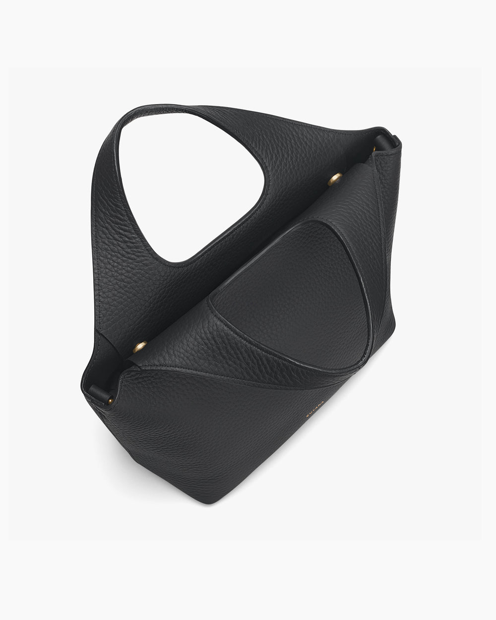 A slouchy handbag with a broad handle and textured surface.