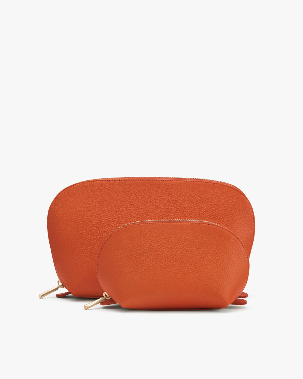 Two orange pouches with zippers, one larger and one smaller, placed together.
