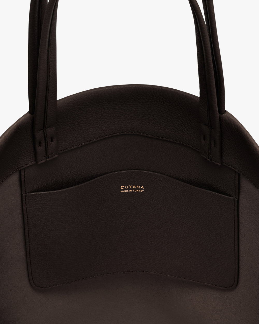 Bag with two handles and outside pocket with gold text.