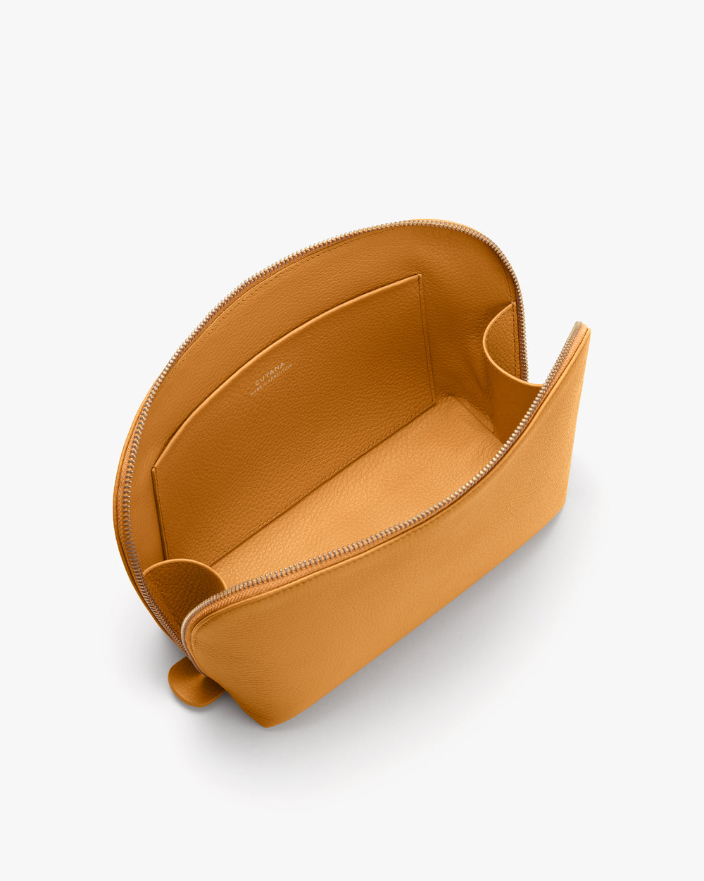 Open top view of a small bag with zipper and interior pockets