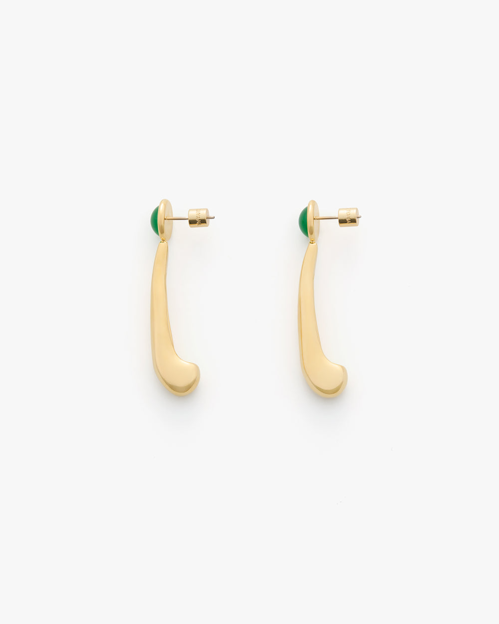 Two gold-tone earrings with a curved design and green accents at the top.