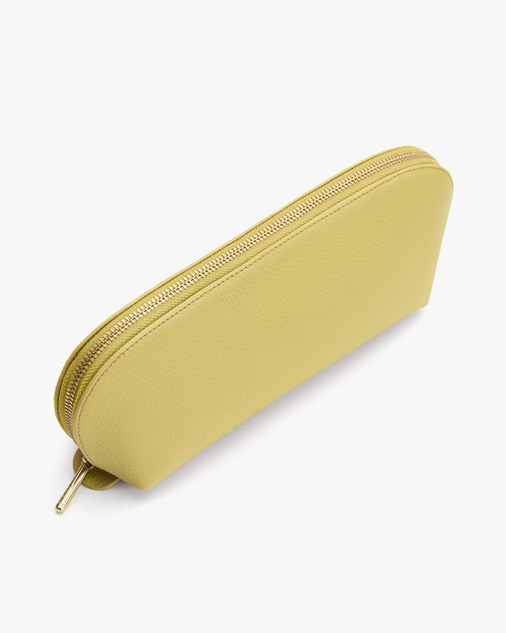 Slim rectangular pouch with a zip closure, angled view.