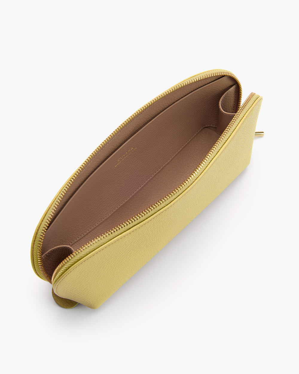 Open zippered pouch with spacious interior and minimalist design.