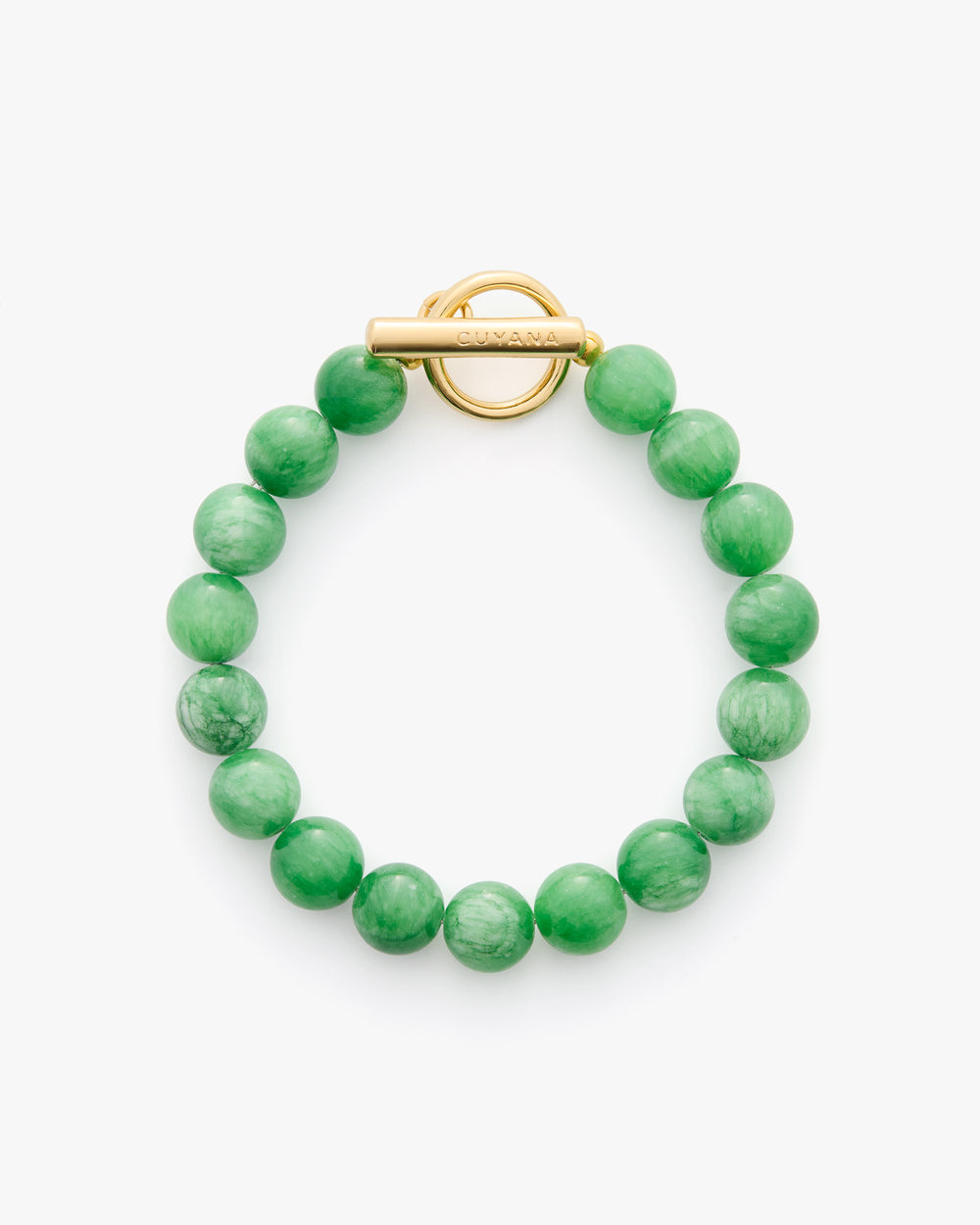 Green beaded bracelet with a gold toggle clasp.