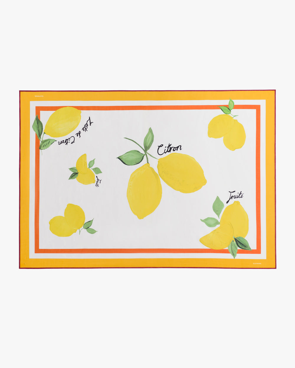 Rectangular cloth with lemon illustrations and decorative border.