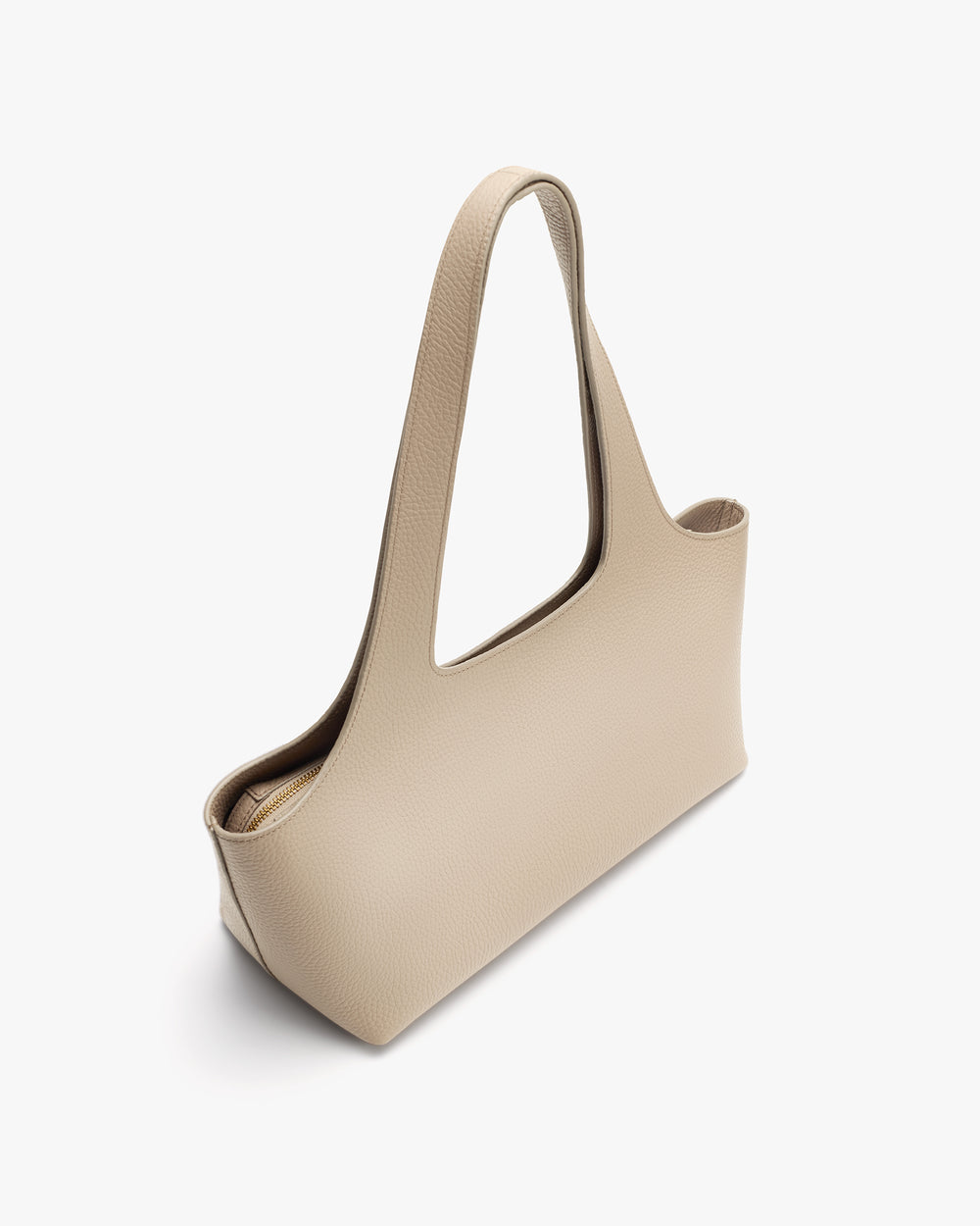 Rectangular handbag with two long handles and open top.