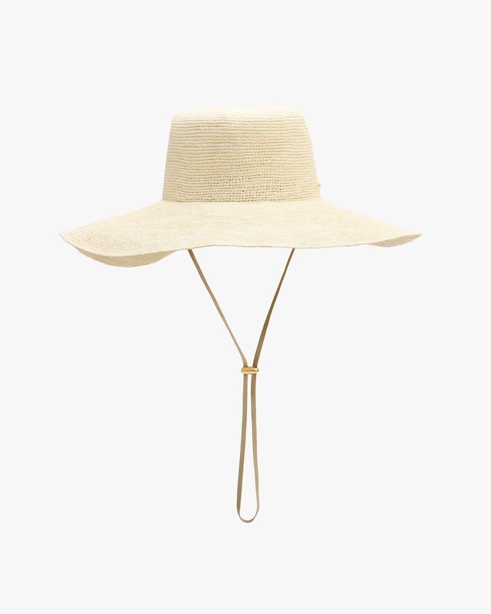 Wide-brimmed hat with chin strap shown.