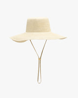 Wide-brimmed hat with chin strap shown.
