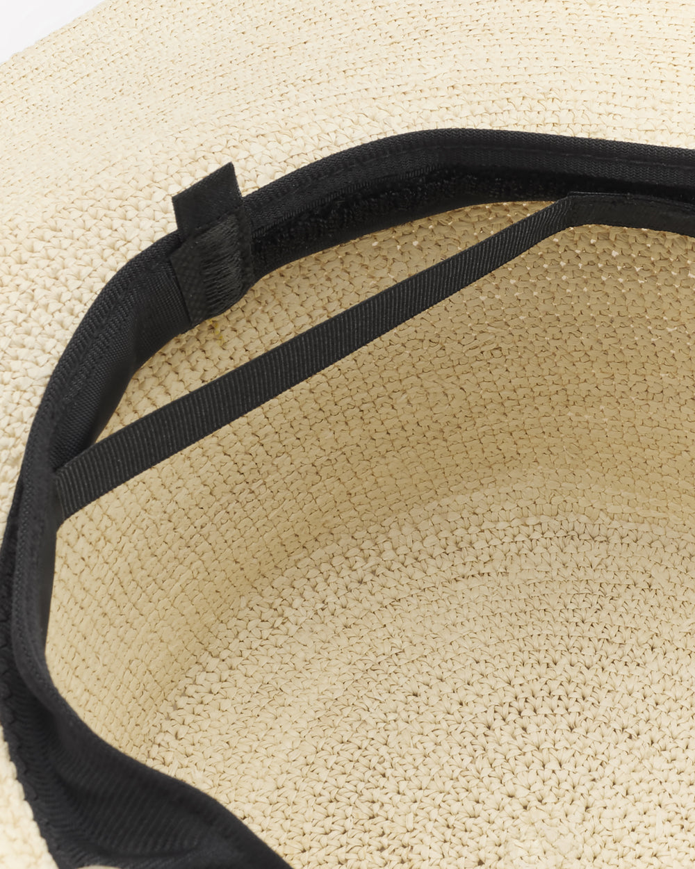 Inner view of a wide-brimmed hat with a black band.