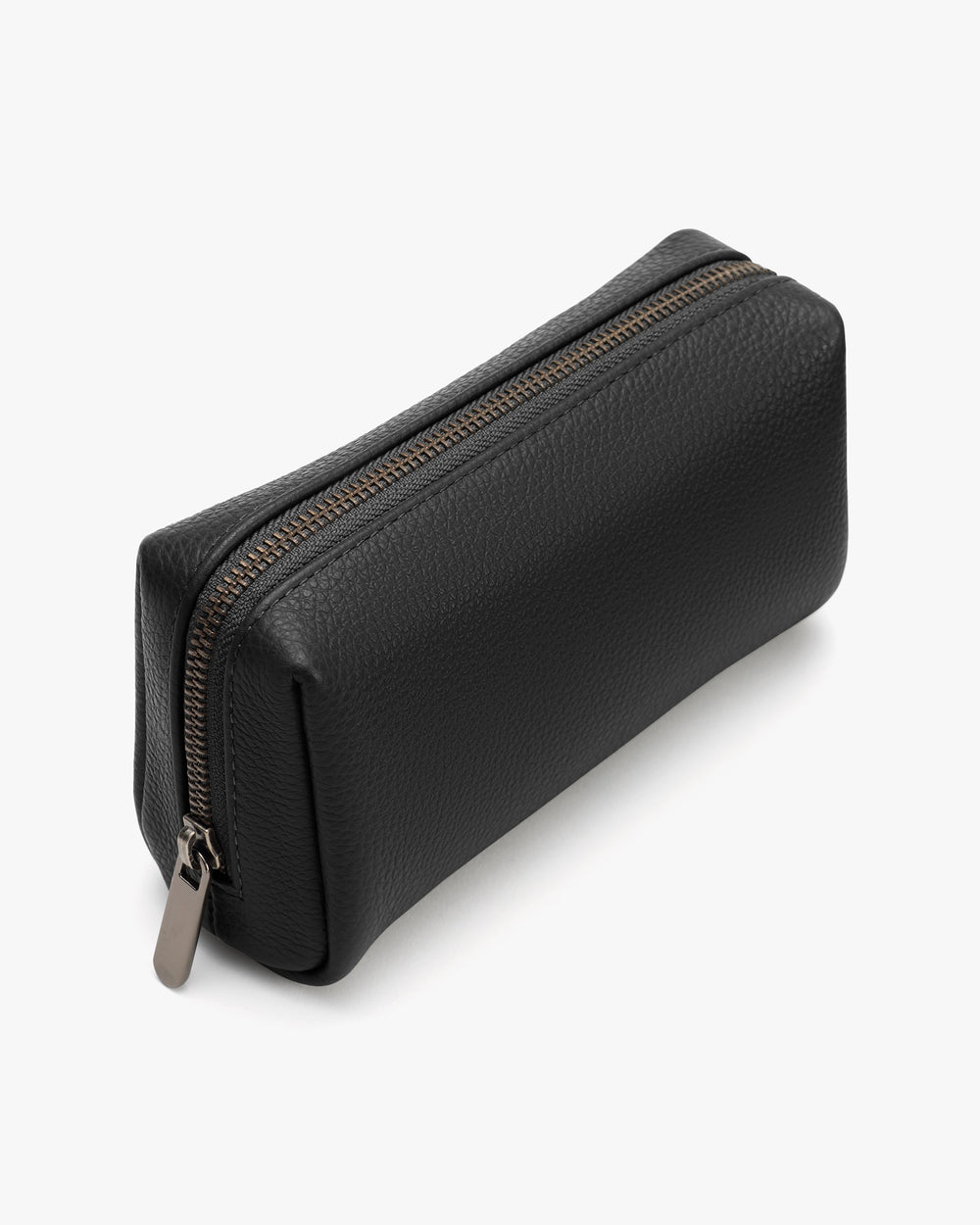 Rectangular zippered pouch with textured surface.