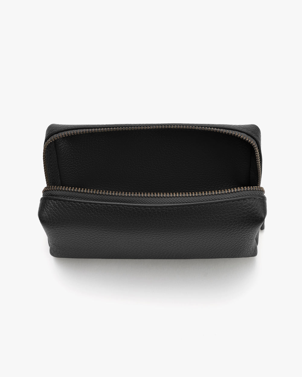 Open toiletry bag with a zipper viewed from above.