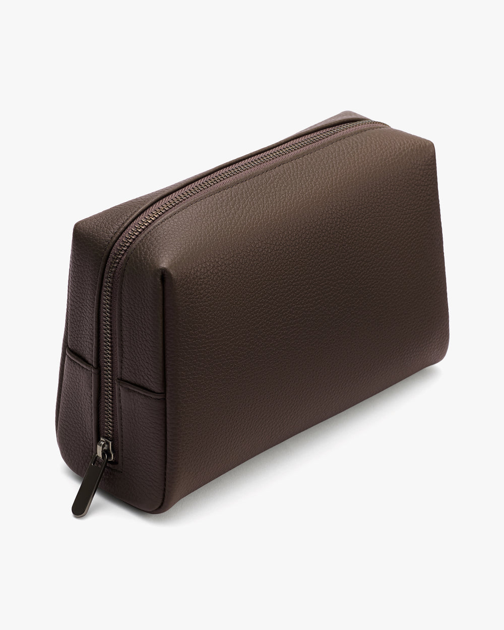 Rectangular toiletry bag with a zipper on top.
