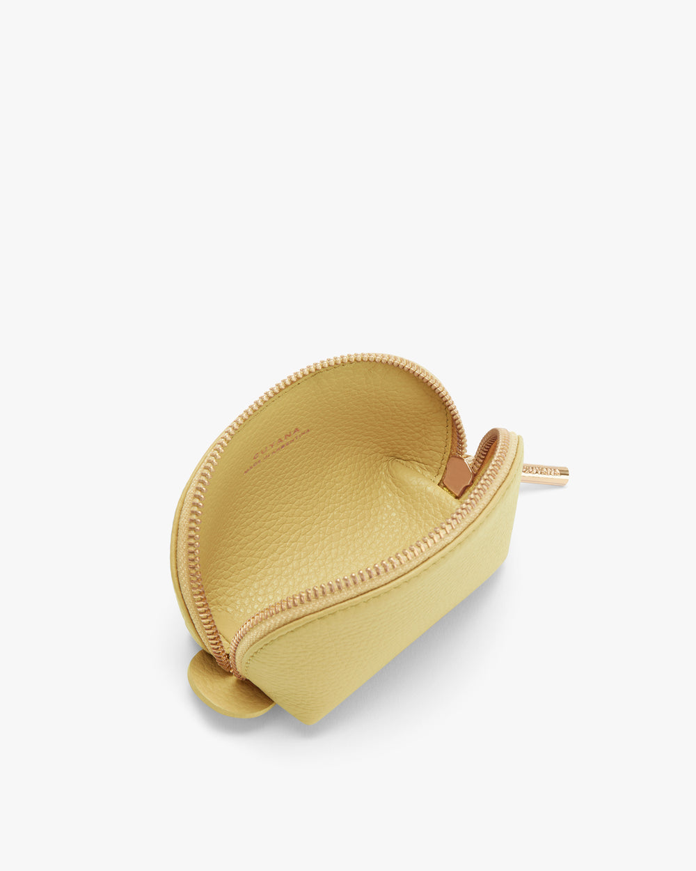 Small open zippered pouch on a plain background