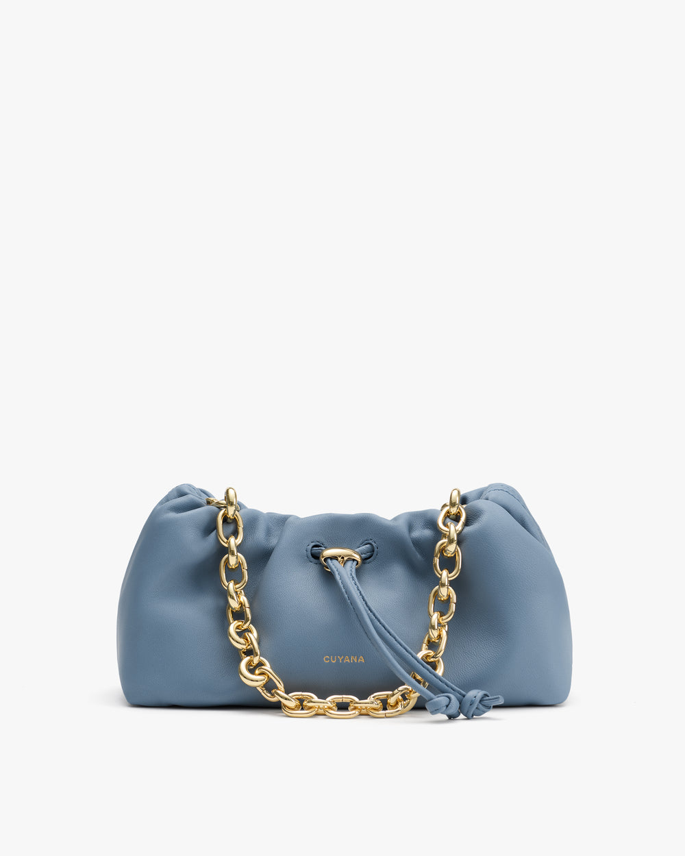 Handbag with chain strap and drawstring closure on a plain background.