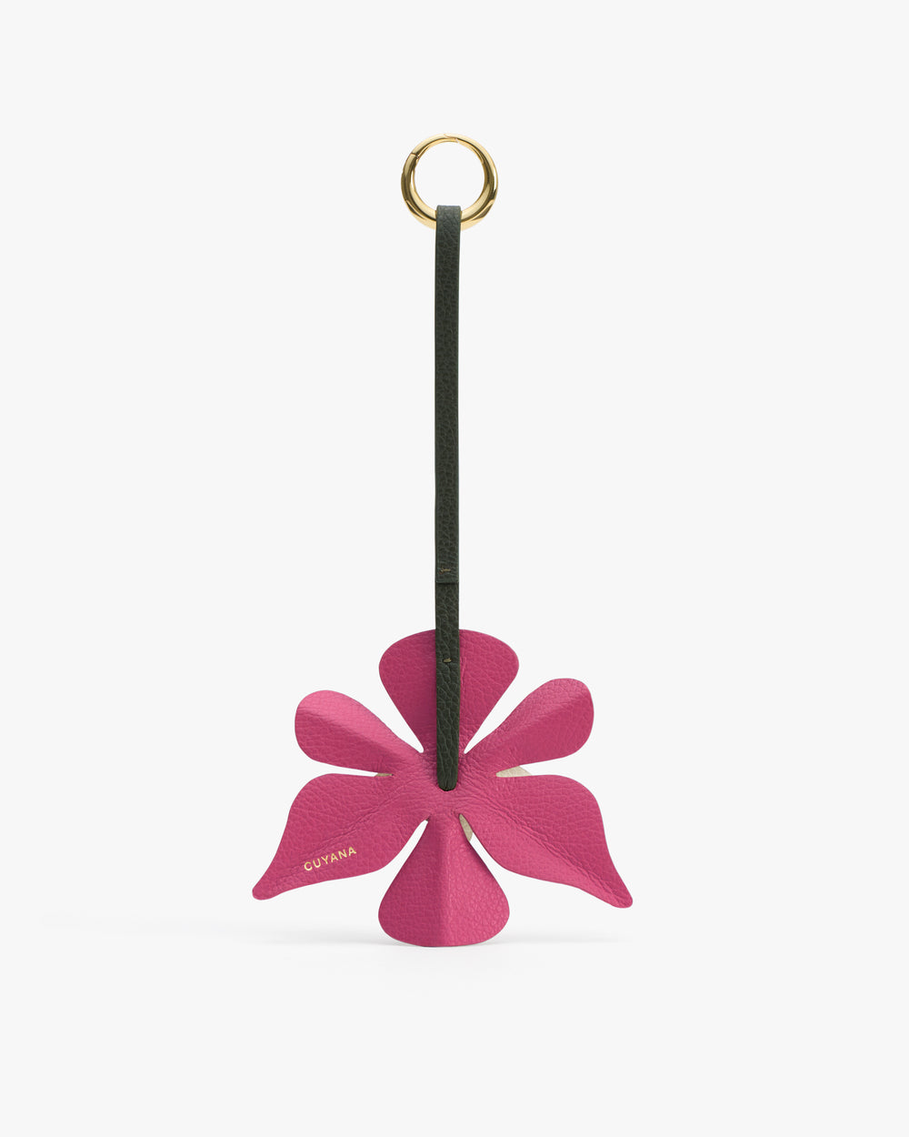 Flower-shaped leather keychain with a long strap and a gold ring.