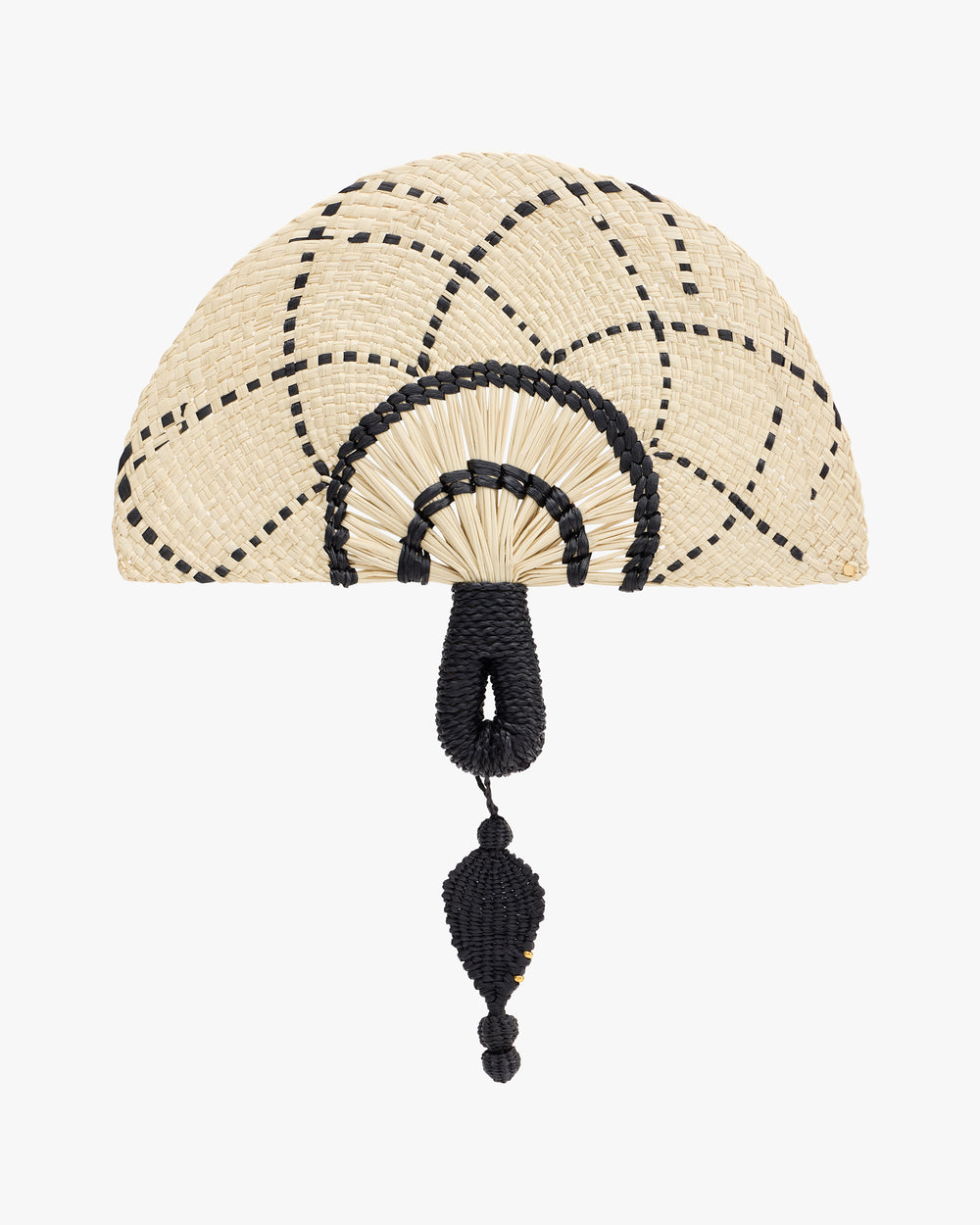 Woven handheld fan with geometric design and decorative hanging detail.