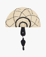 Woven handheld fan with geometric design and decorative hanging detail.