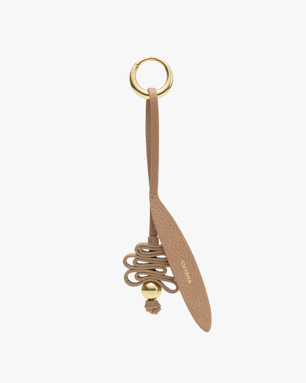 Keychain with looped leather strap and metallic ring attachment.