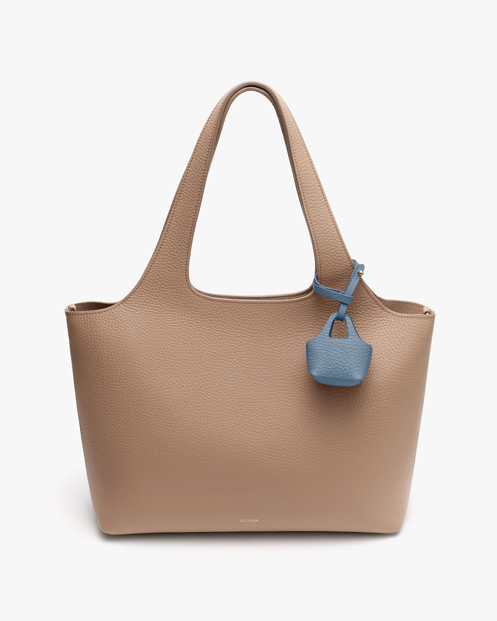 Handbag with wide handles and small attached pouch.