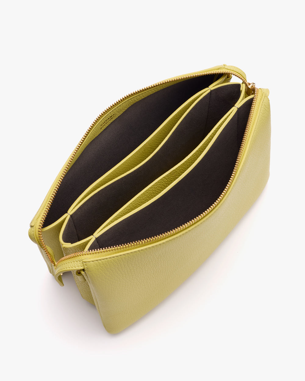 Open purse with multiple compartments and zippers shown from above