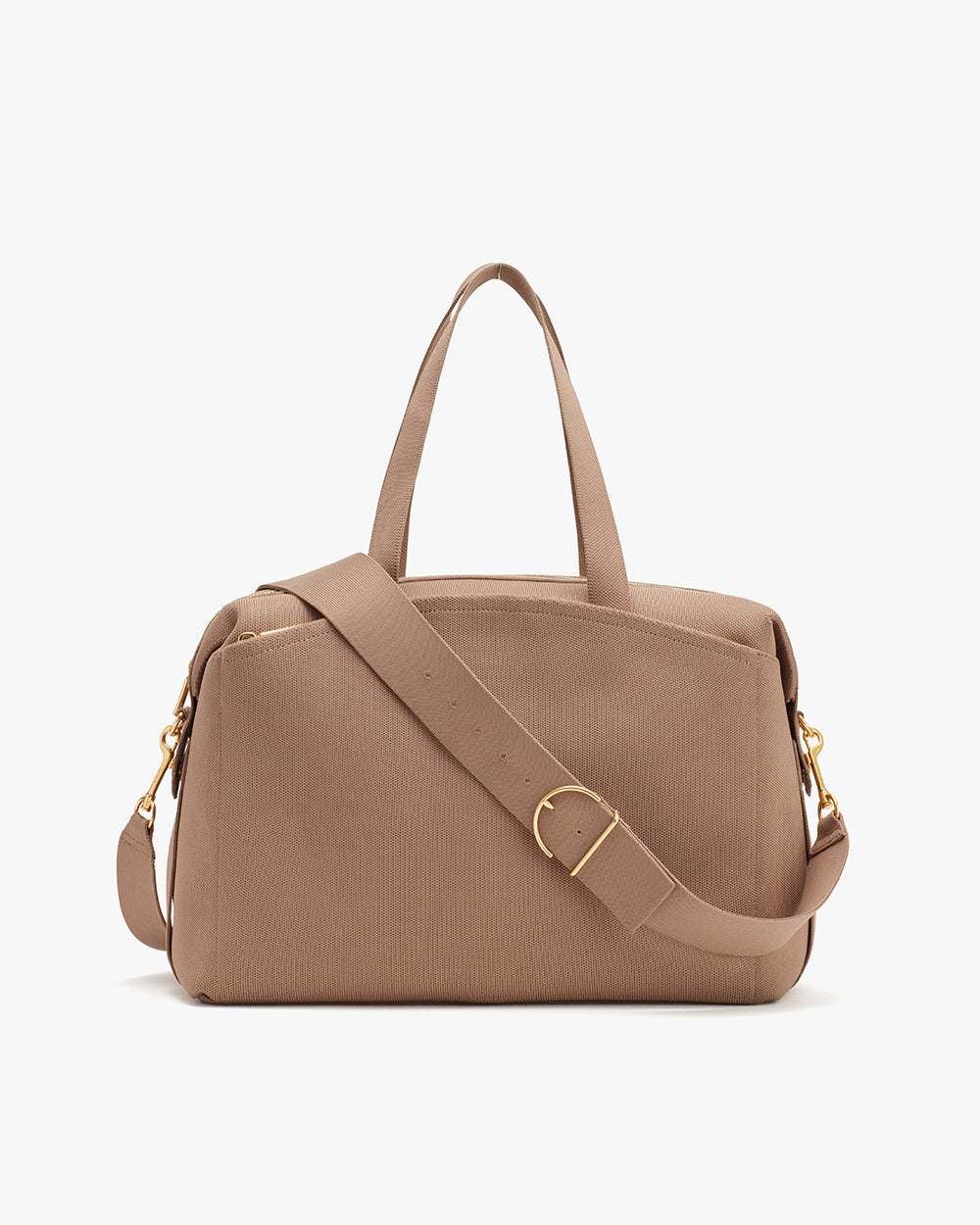 Travel bag with handles and an adjustable shoulder strap.