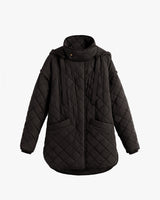 Quilted jacket with hood and front pockets on a white background.