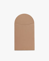 Rectangular leather laptop sleeve with a curved flap closure.