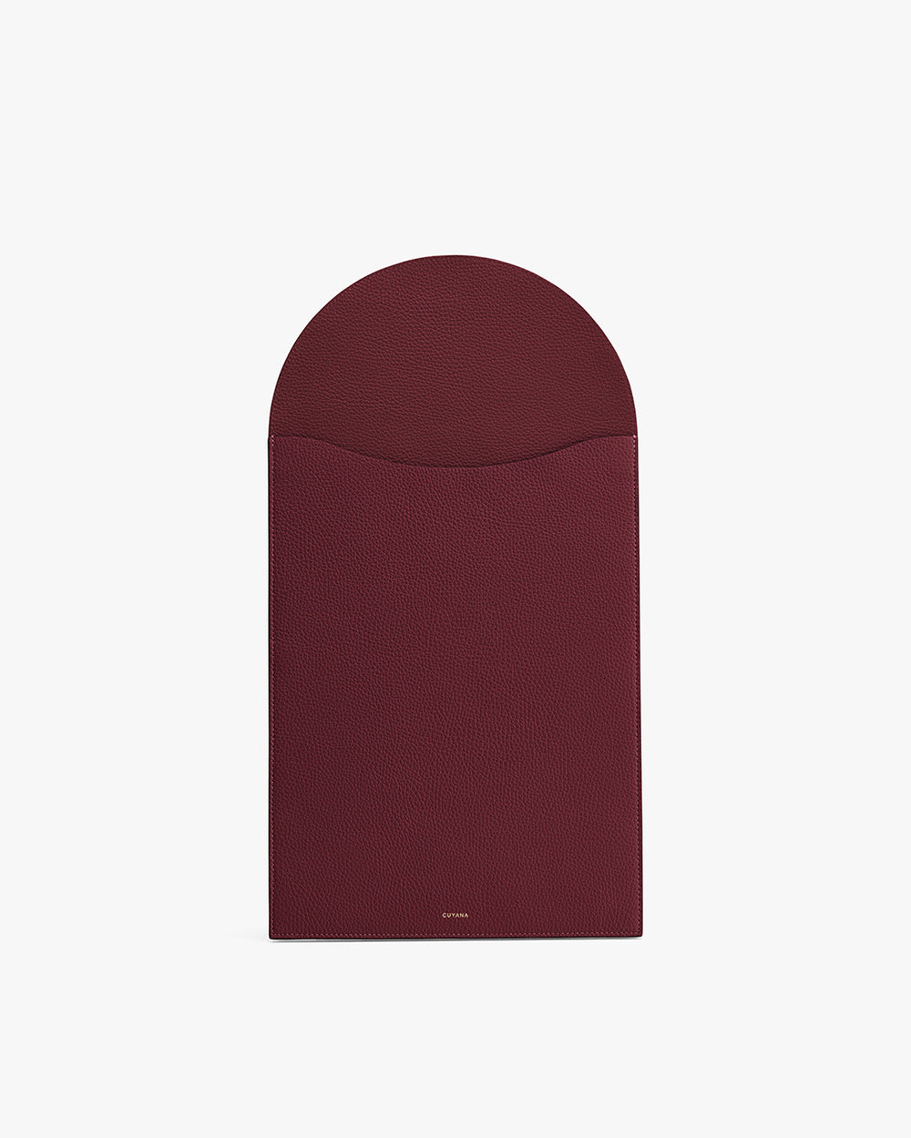 Rectangular leather laptop sleeve with a curved flap closure.