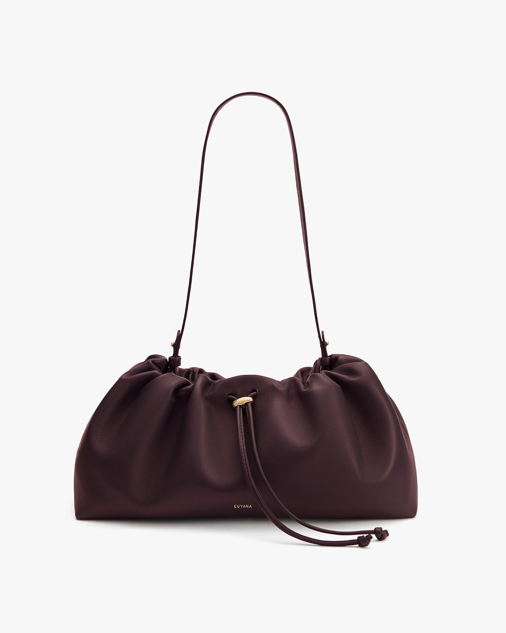 Shoulder bag with a drawstring closure and a ruched design.