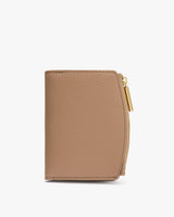 Small leather wallet with zipper on the right side.