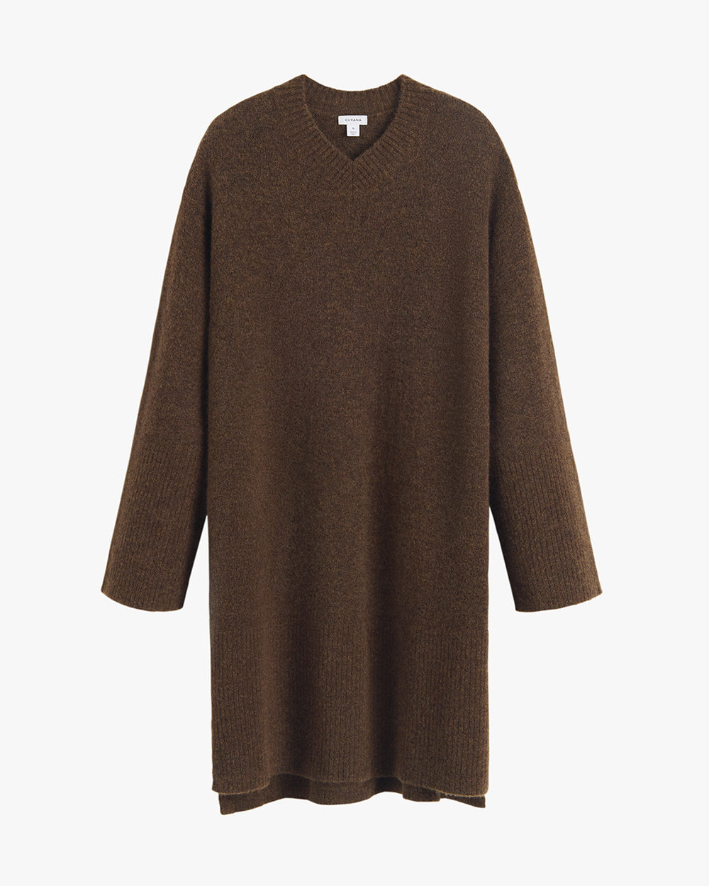 Long-sleeve knitted sweater dress on a hanger.