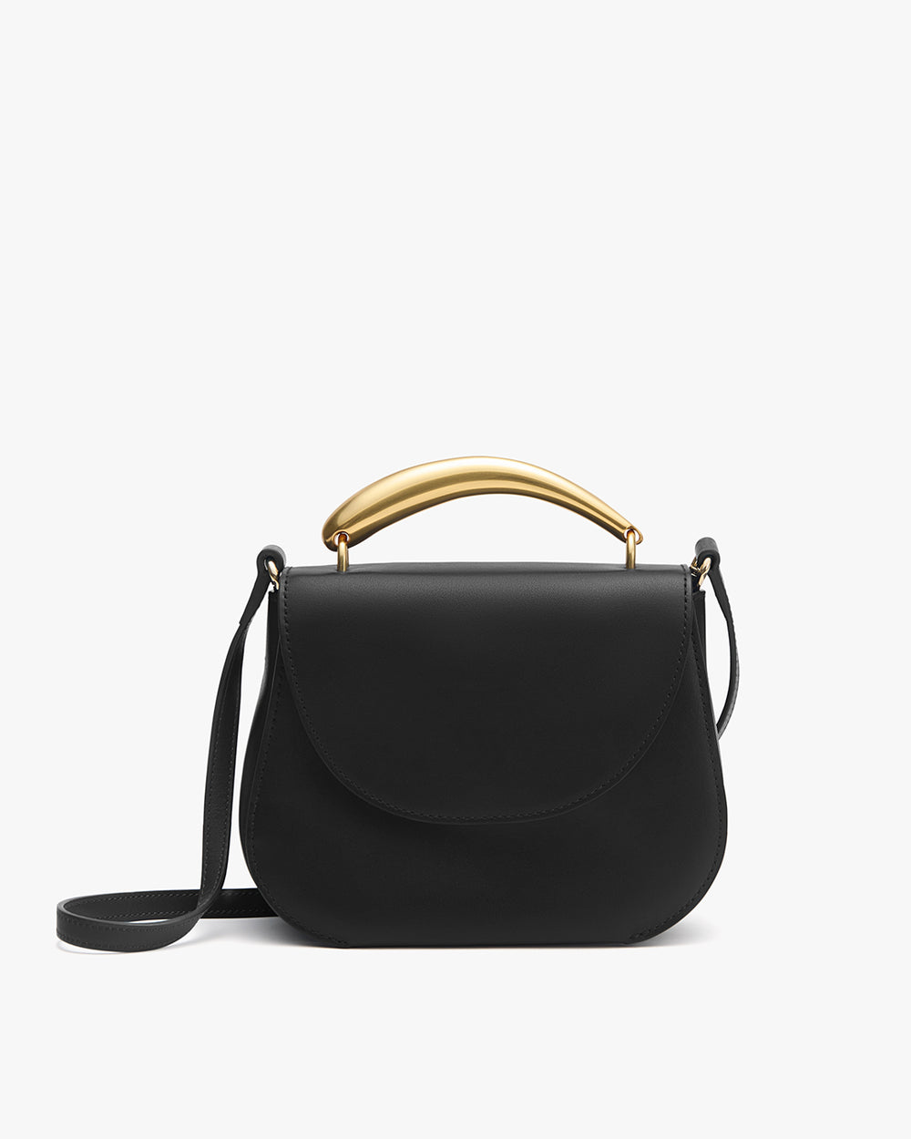 Handbag with curved top handle and long strap