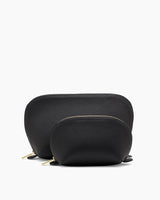 Two cosmetic bags of different sizes with zippers on a plain background.