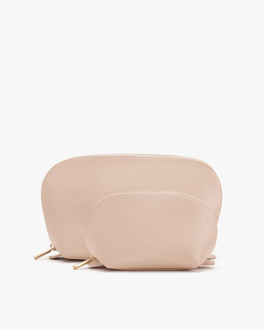 Two cosmetic bags with zippers on a plain background.
