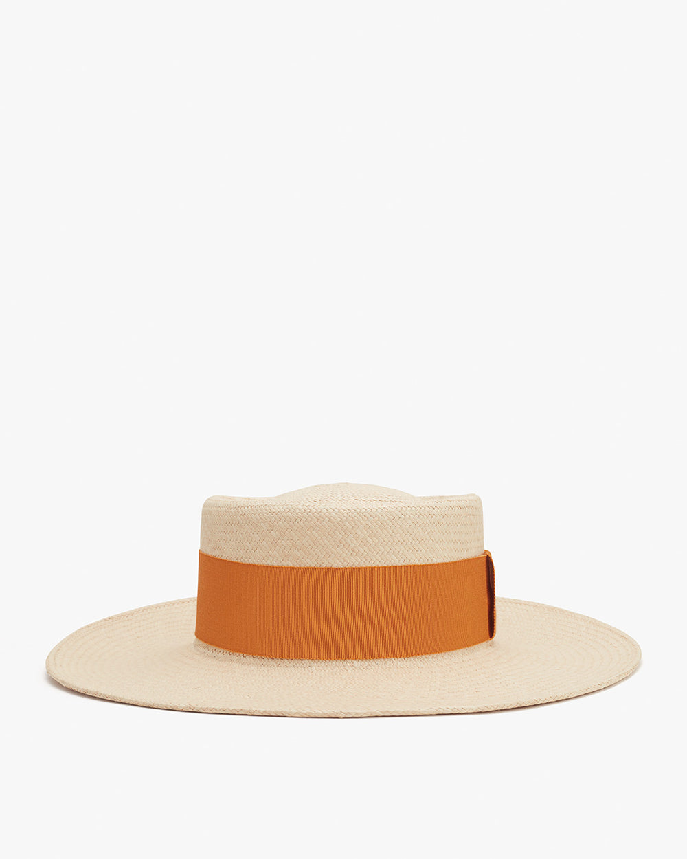 Wide-brimmed hat with a flat crown and broad ribbon band